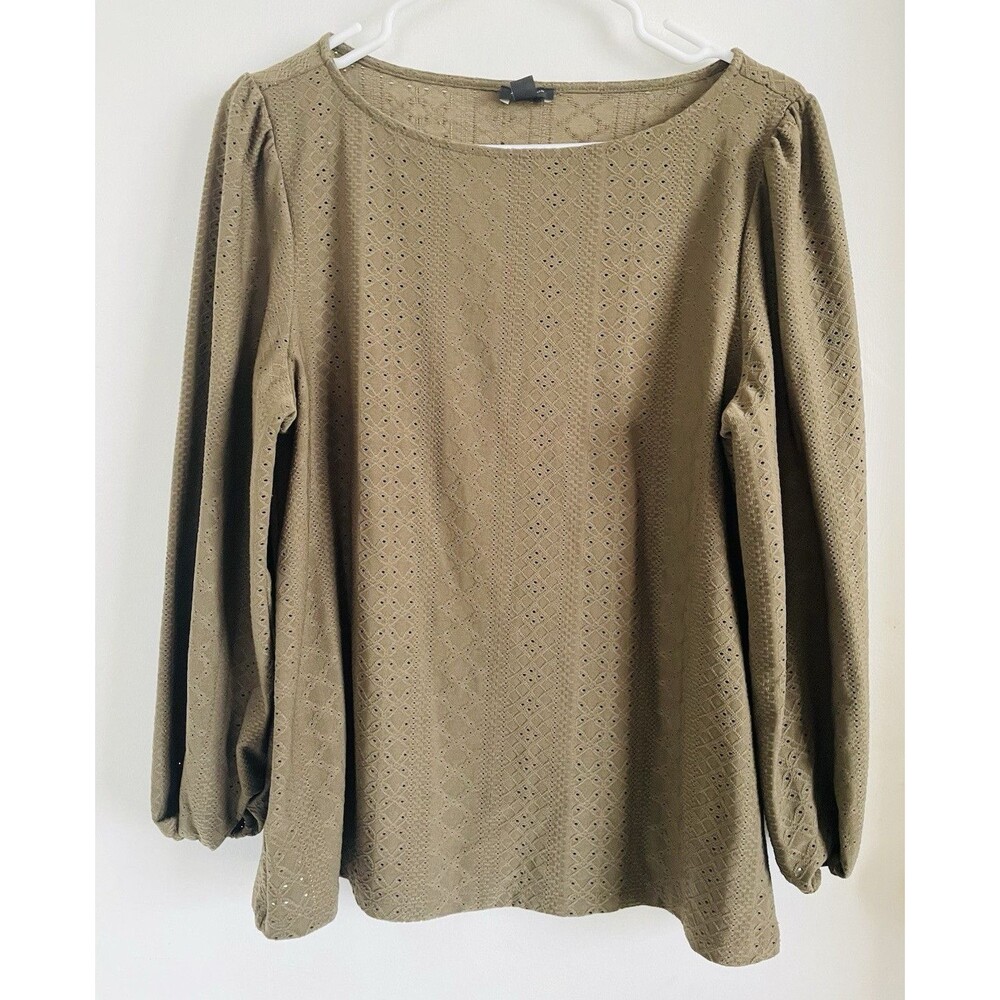 Ann Taylor Factory Women's Green Solid Eyelet Boat Neck Puff Sleeve Blouse L